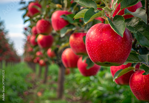 Organic red ripe apples on the orchard tree with green leaves