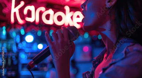 A woman singing in karaoke with neon sign "KARAOKE" on the background, blue and pink colors, heartshaped lights