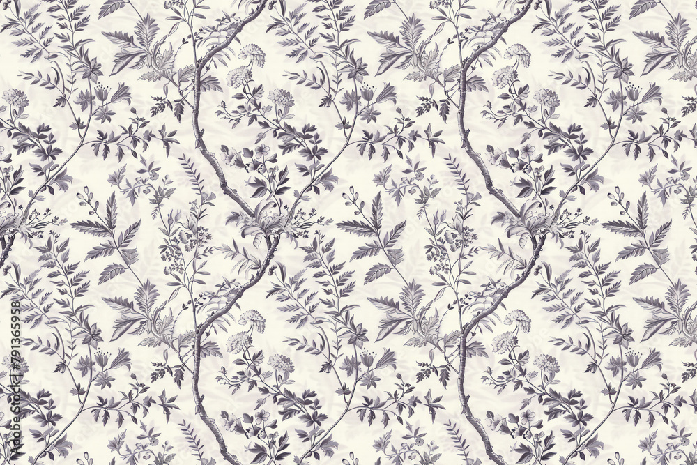 Toile floral pattern tapestry. Antique botanical wallpaper pattern. Background image. Created with Generative AI technology Toile floral pattern tapestry. Antique botanical wallpaper pattern. Background image. Created with Generative AI technology