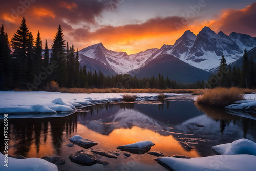 A landscape of an icy mountain at sunset