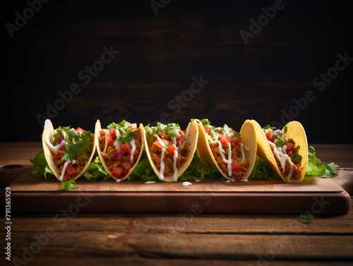 Mexican food tacos on rustic wooden table. Background good daylight lighting. 