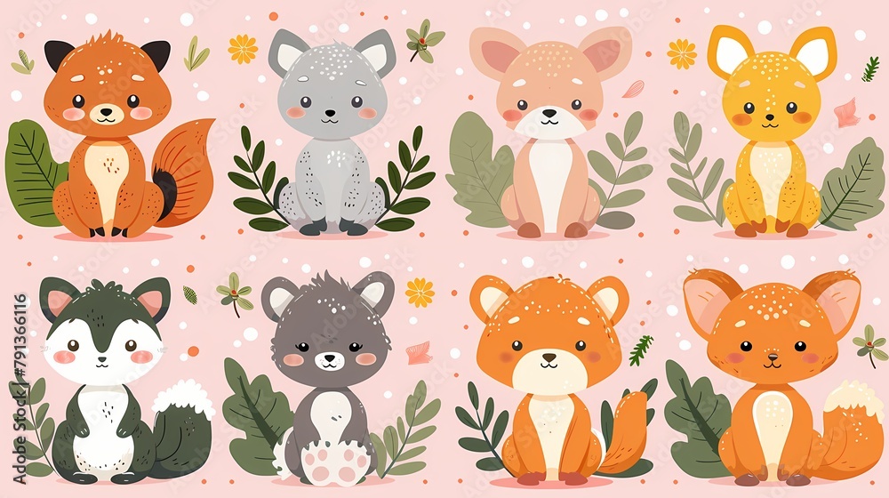 A set of adorable baby animal stickers, positioned on a solid pastel pink background, capturing their innocent expressions and adorable features with HD clarity.