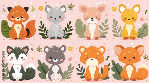 A set of adorable baby animal stickers  positioned on a solid pastel pink background  capturing their innocent expressions and adorable features with HD clarity.