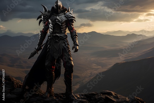 Warrior on top of the mountain at sunset. 3d rendering