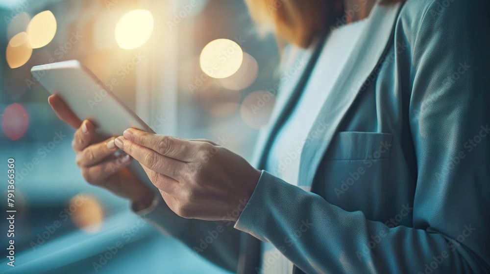 8. A serene shot capturing the focus and determination of a businesswoman owner as she utilizes her tablet to connect 8. A serene shot capturing the focus and determination of a businesswoman owner as she utilizes her tablet to connect