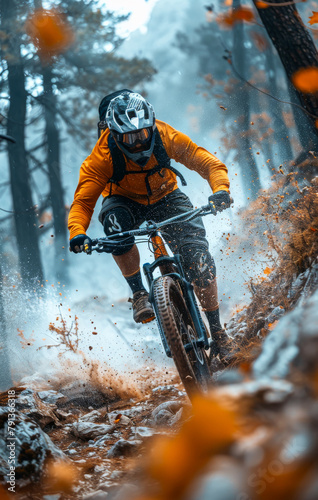 Male biker rides bicycle in the forest in the early winter morning