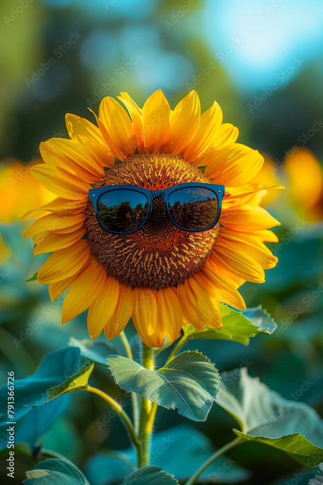 Obraz premium Sunflower with sunglasses on sunny day. A sunflower wearing sunglasses