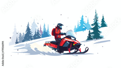 Young man riding Snowmobile isolated. Winter forest l