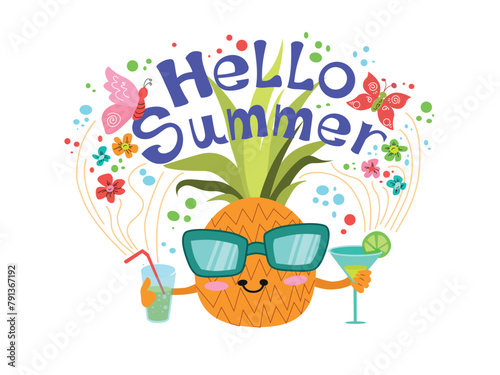 Pineapple in sunglasses. Vector Memphis summer art. Tropical illustration on a white background. Cute ananas fruit in cool funny glasses. Music cover, t shirt print, luau party invite design.