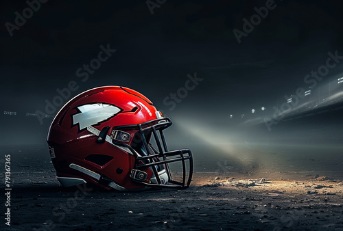 Red football helmet sits on dirt field with spotlight shining on it. photo