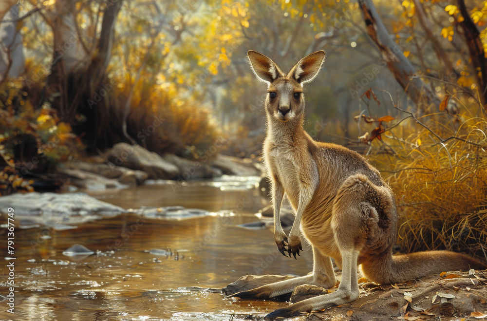 Fototapeta premium Kangaroo sitting by creek in the afternoon