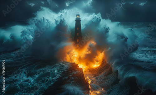Lighthouse on the sea under sky. Lighthouse hit by huge wave photo