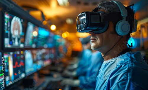 Surgeon using virtual reality headset to train operating room team.