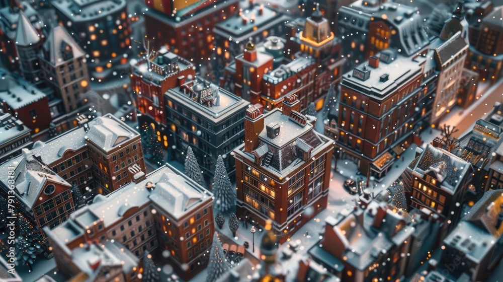 Aerial view of a 3D snowy cityscape with Christmas decorations on every building Aerial view of a 3D snowy cityscape with Christmas decorations on every building