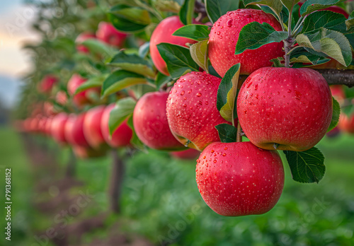 Organic red ripe apples on the orchard tree with green leaves