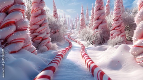 3D candy cane forest with sugar dusted paths and peppermint trees