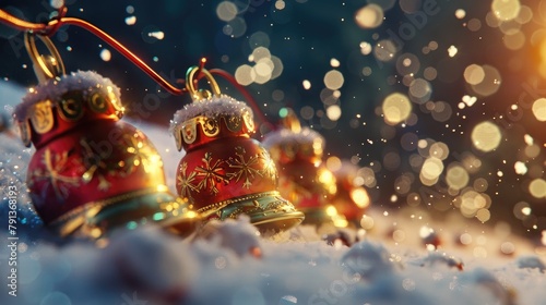 3D sleigh bells ringing against a snowy backdrop