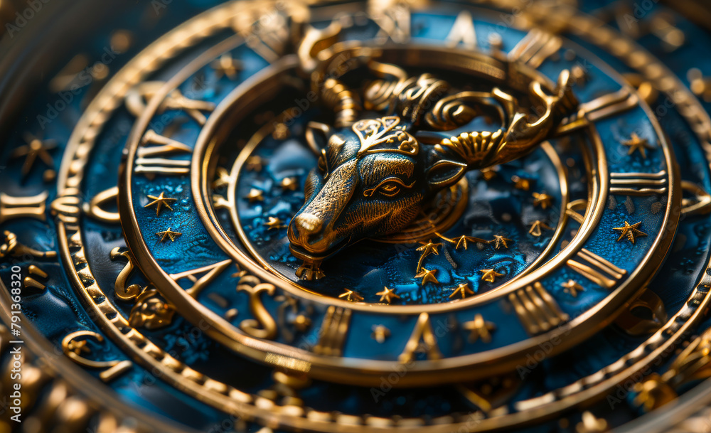 The gold bull is symbol of the new year on the clock. Twelve zodiacs concept
