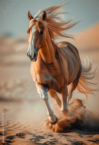 Beautiful horse runs gallop on sand in the desert