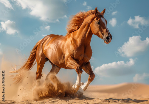 Red horse runs in the desert sand on blue sky background © Анна Терелюк