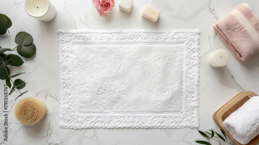 Blank mockup of a simple yet elegant white bathroom mat with a delicate lace trim. . - obrazy, fototapety, plakaty 