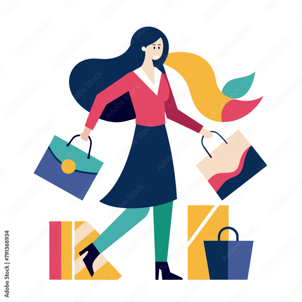 Shopaholic woman on white background. Consumerism, Shopaholic, sales concept