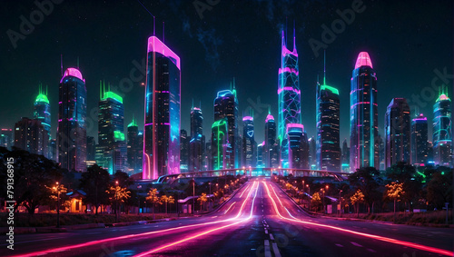 A bustling metropolis filled with skyscrapers and futuristic architecture, illuminated by neon lights and digital displays. Smart city concept. Futuristic.