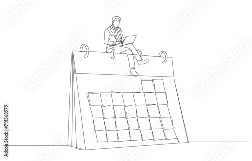 Continuous one line drawing of businessman sitting on top of desk calendar working with laptop, working according specified work schedule concept, single line art.