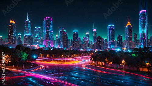 A bustling metropolis filled with skyscrapers and futuristic architecture, illuminated by neon lights and digital displays. Smart city concept. Futuristic.