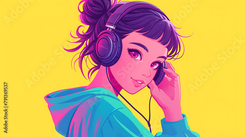 Cool Anime manga girl lofi music teenager listening with headphones background 