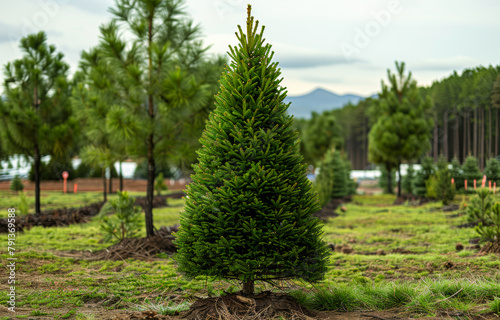 Row of young conifer trees. Young fir tree on sunny day in the garden photo