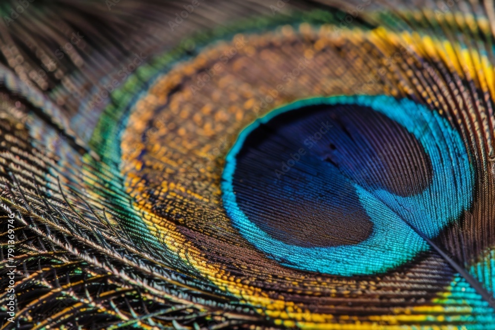 Naklejka premium Vibrant Peacock Feather Close-up Showcasing Intricate Patterns and Vivid Colors