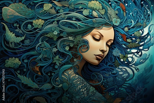 A beautiful woman with blue hair depicted in a surreal illustration. Generative AI