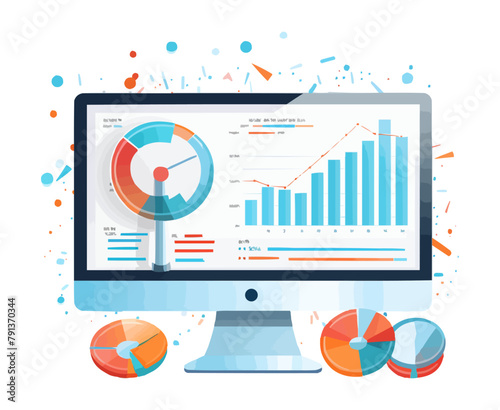 Business performance analysis, benchmark metrics audit concept. Analyzing financial statistics, data, graph, chart, report on computer screen. Flat vector illustration isolated on white background