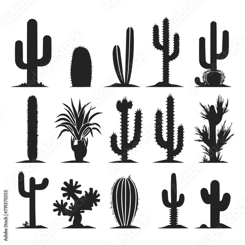 Cactus desert silhouettes set, large pack of vector silhouette design, isolated white background