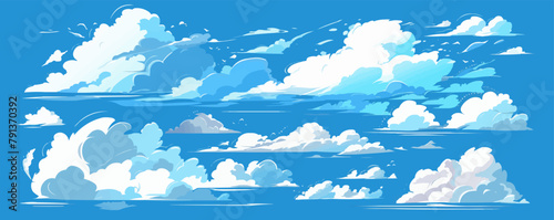 Cartoon white clouds icon set isolated on blue background. Cloudscape in flat style. Blue sky cloud weather symbol. Vector illustration cloudy panorama