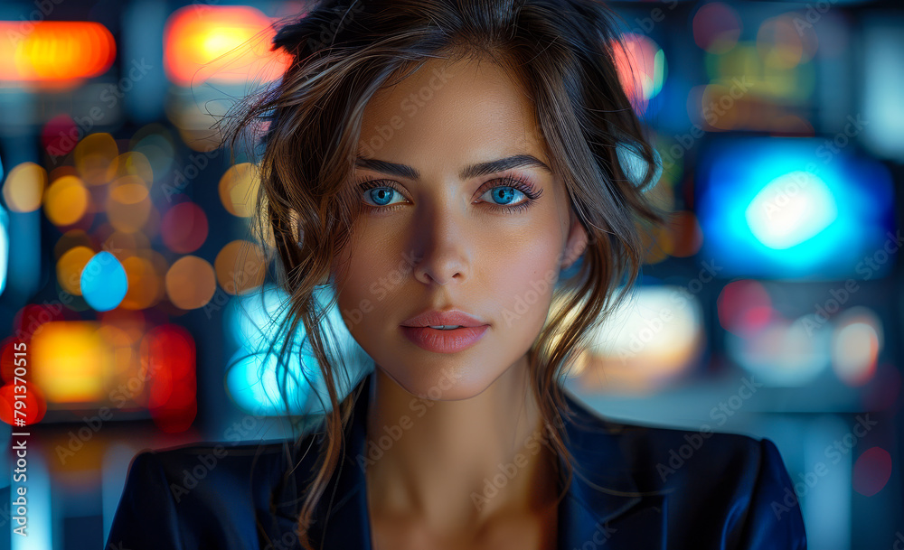 Closeup portrait of beautiful woman with blue eyes