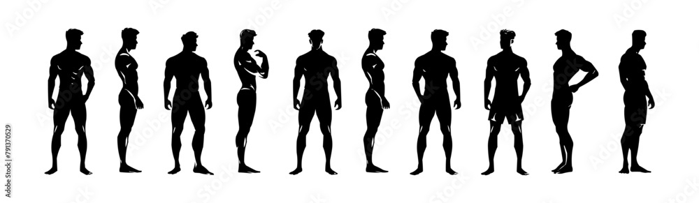 collection of silhouette male body posing with different body action, isolated vector