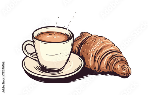 Croissant and coffee drawn in one line style.