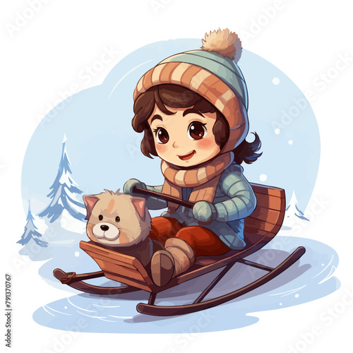 cute child riding winter wooden vintage sled in snow isolated vector illustration
