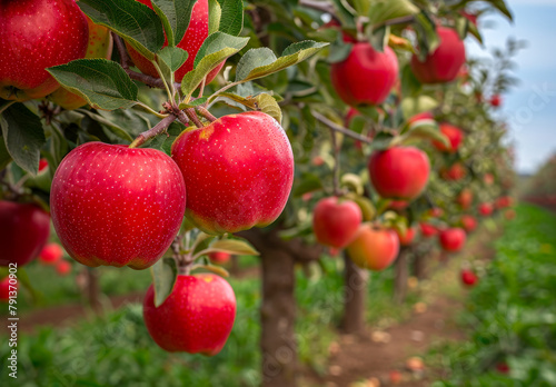 Red apples on the trees in the orchard