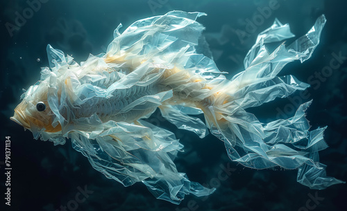 Plastic pollution concept with underwater fish made from plastic bag swimming in the ocean photo