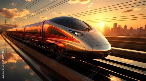 The prompt for this image is:..A sleek and futuristic high-speed train races through a vibrant cityscape at sunset.