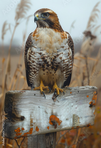 Red tailed hawk perched on wooden post. Hawk perches on wooden post in forest. photo