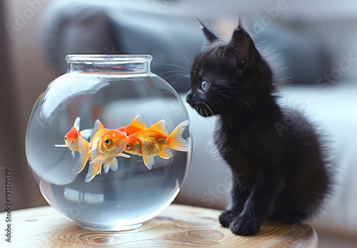 Black kitten is looking at goldfish in bowl.