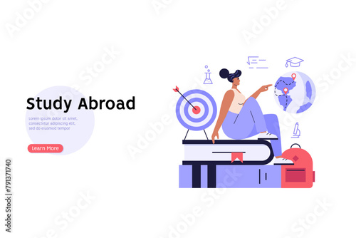 Foreign student learning in international high school. Concept of abroad study, global education, student exchange program, educational tourism. Vector illustration in flat design for web banner