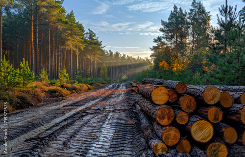 Logs stacked on dirt road in pine forest. A photo of cut pine trees in piles photo
