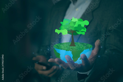 Businessman hands holding the earth with growing plants. nature, saving the world and many more. eco, Earth day concept