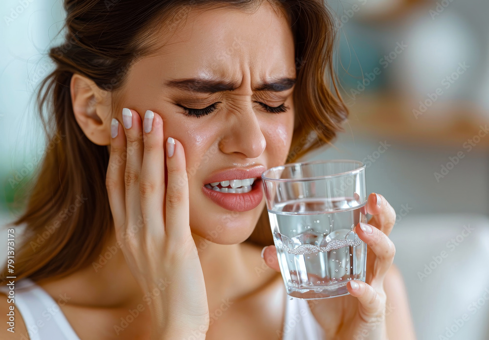 Woman holding glass of water and suffering from toothache Woman holding glass of water and suffering from toothache