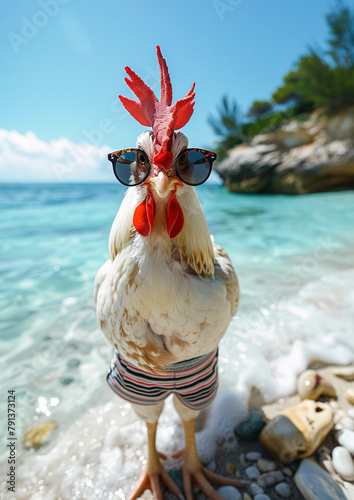 Funny Cock wearing sunglasses and shirt on the beach photo